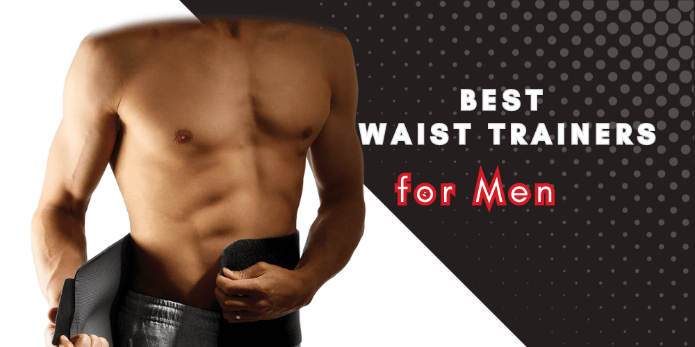 a man putting on a waist trainer with a frame that says best waist trainers for men.