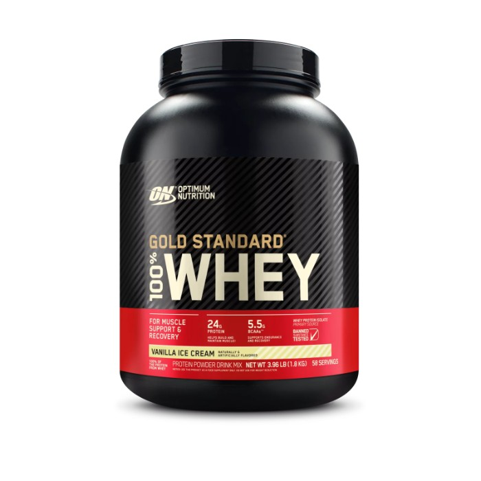 A tub of gold standard whey protein.