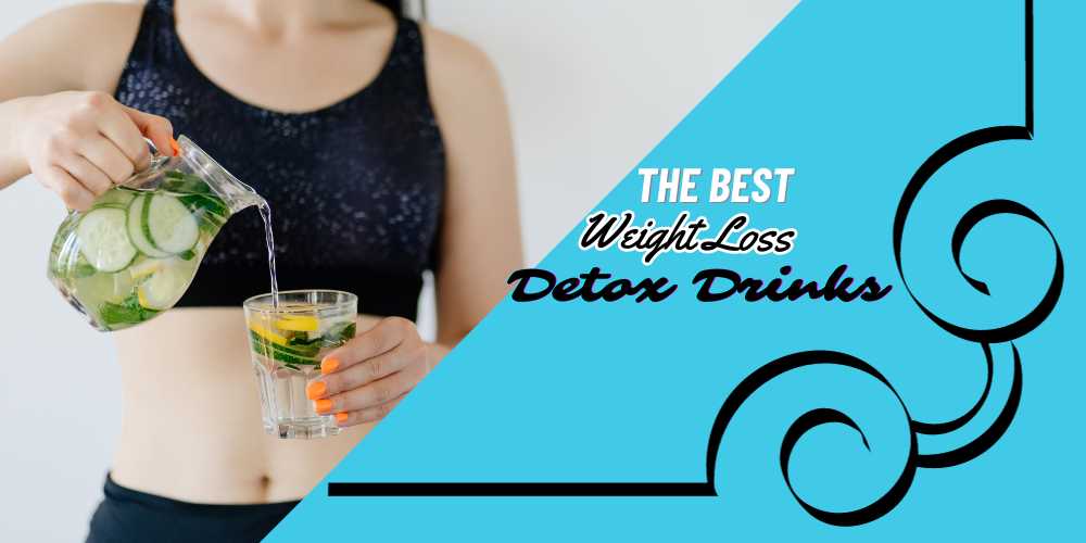 A woman pouring cucumber water from a pitcher into a glass with a frame on the picture that says the best weight loss detox drinks.
