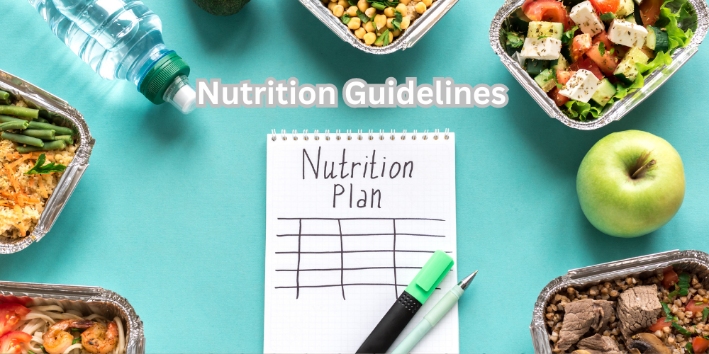Food around a note pad that says nutrition plan with the word's nutrition guidelines. 