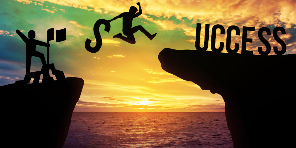 A man jumping over a cliff with a s in his hand to complete the word success on the other side.