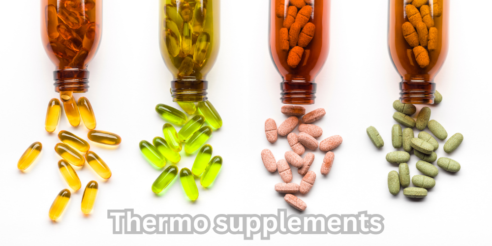 four bottles of supplements with the words thermo supplements.