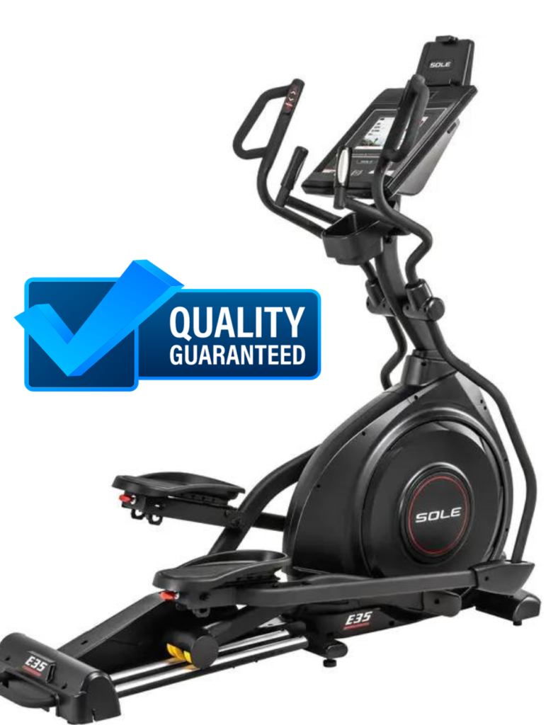 An elliptical with a check mark with the words quality guaranteed.