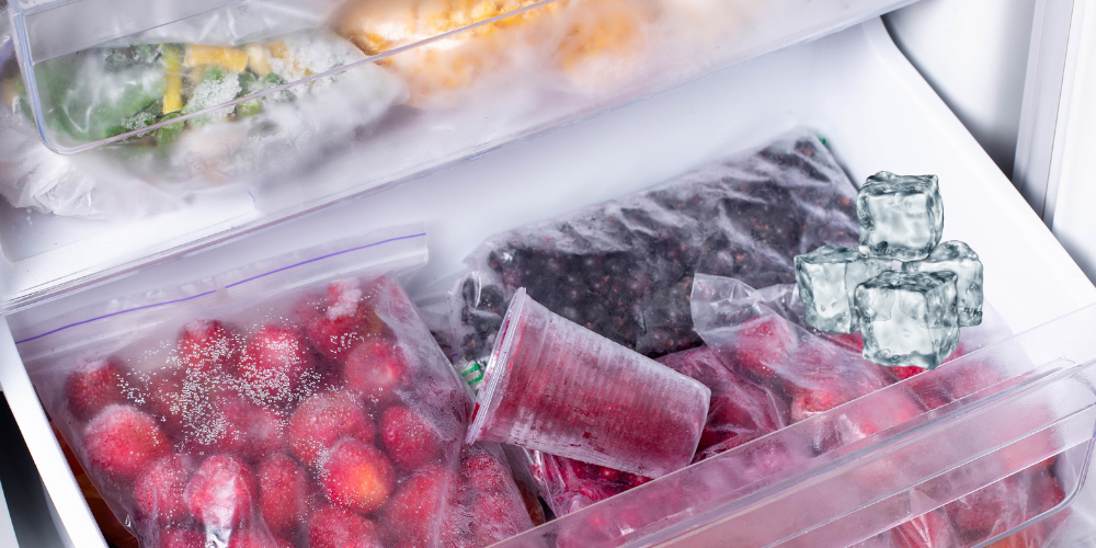 A freezer with fruits and a smoothie and graphic ice cubes.