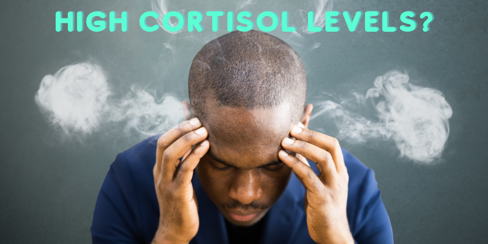 A man stressed with smoke coming off his head and out of his ears with the word's high cortisol levels above his head.