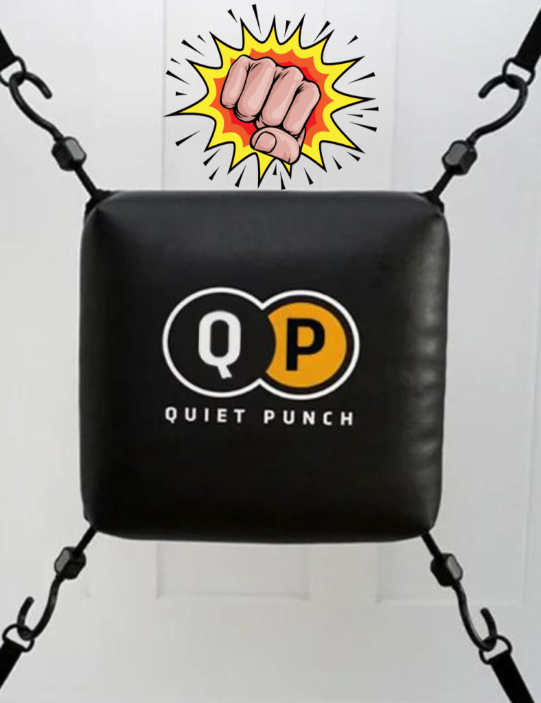 A picture of the quiet punch in a doorway with a fist graphic on top of it.