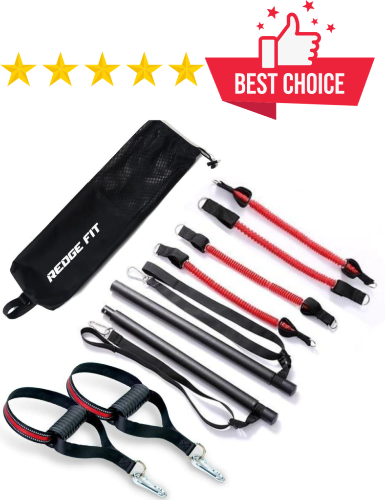 A picture of the redge fit portable gym broken down which includes a travel bag, two hand grips, 4 resistance bands and a bar. It also has 5 stars and a thumbs up with the words best choice.
