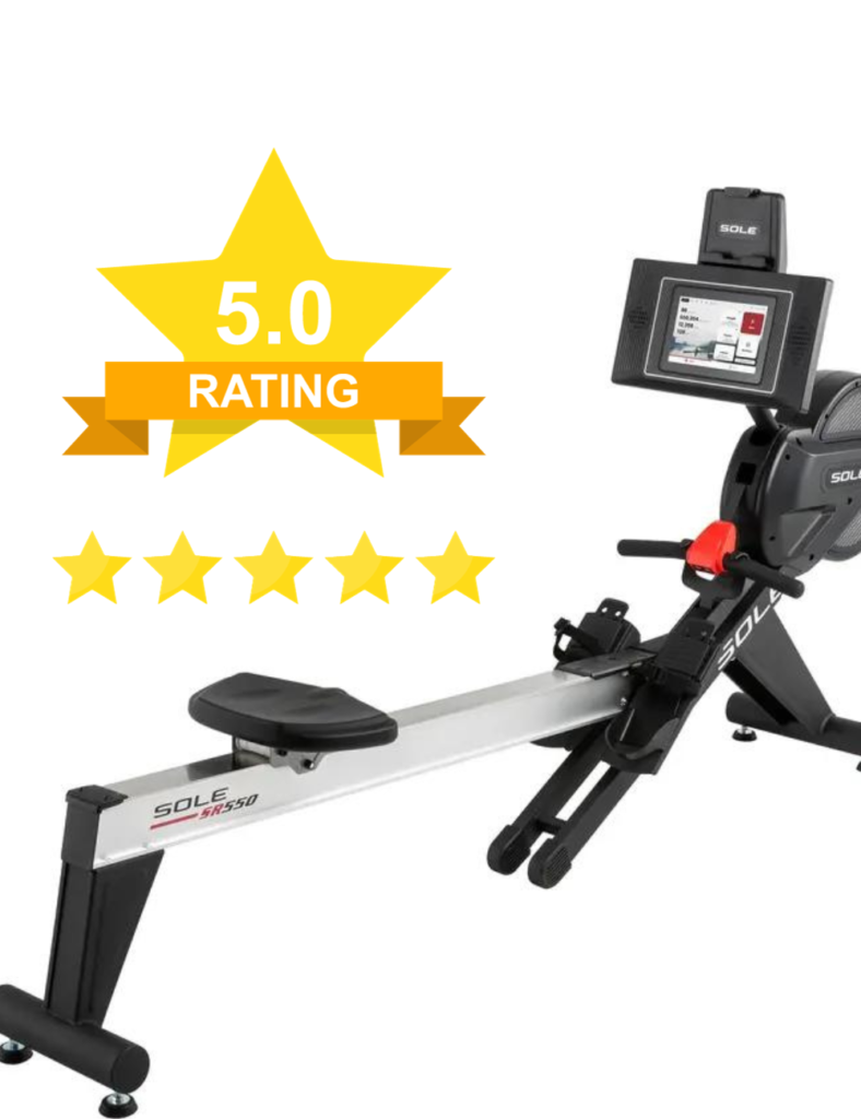 A rowing machine with a big star and 5 little stars that says 5 star rating.