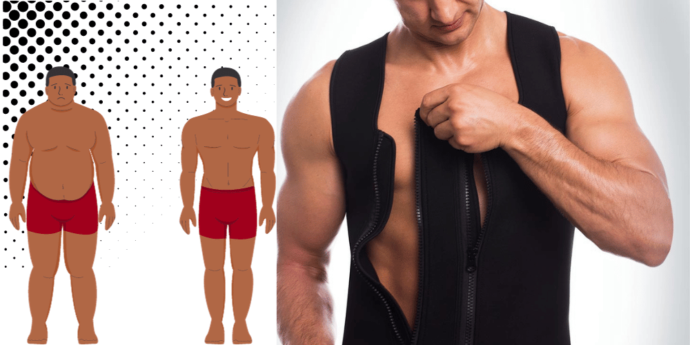 A man wearing a gold star waist trainer vest with a before and after graphic beside it.