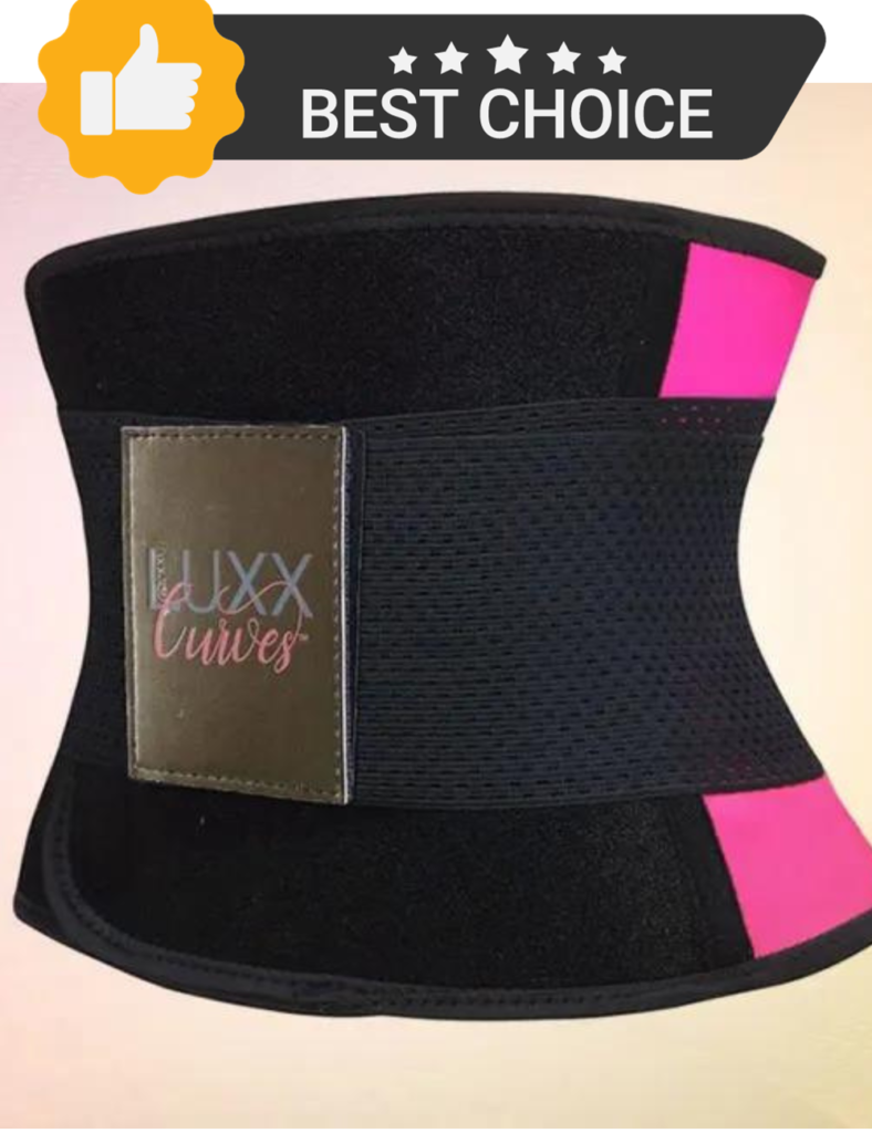 A Luxx curves waist trainer with a thumbs up with 5 stars and the words best choice.