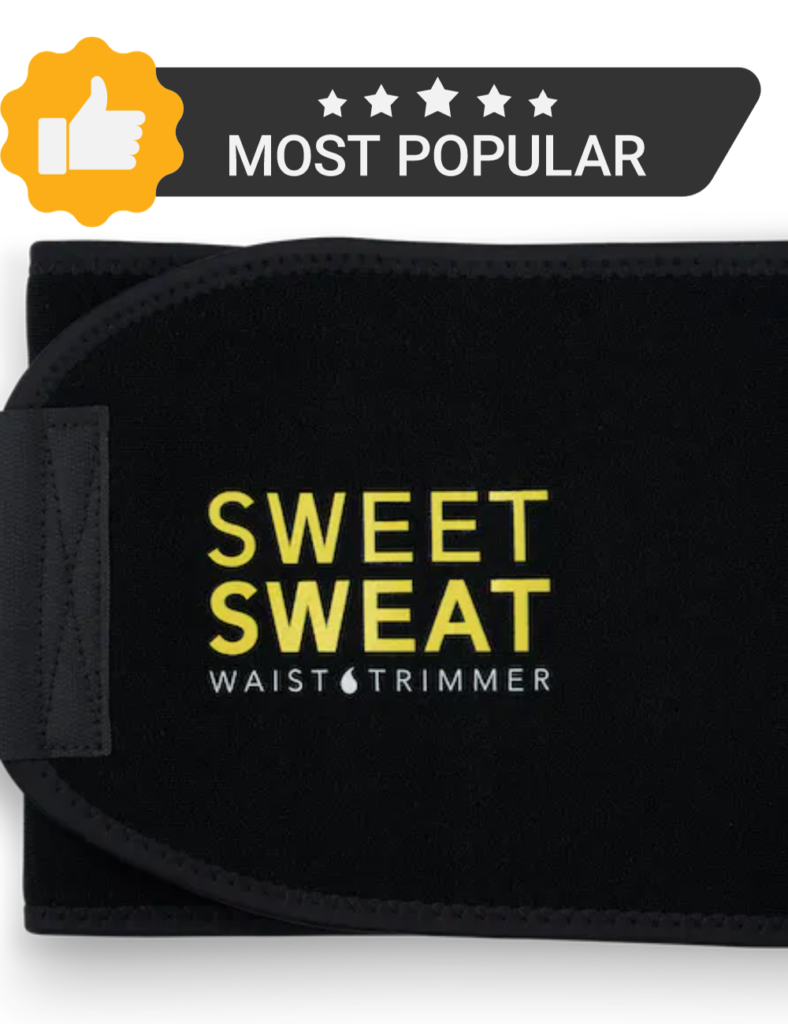 A sweet sweat waist trimmer with a thumbs up with 5 stars and the words most popular.