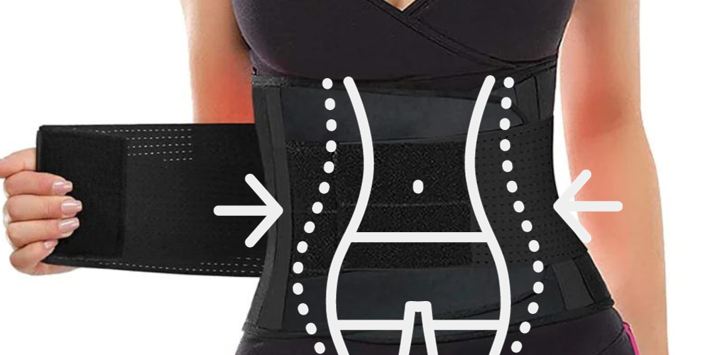 A woman wearing a Yianna waist trimmer belt with a graphic showing how it will shape your body.