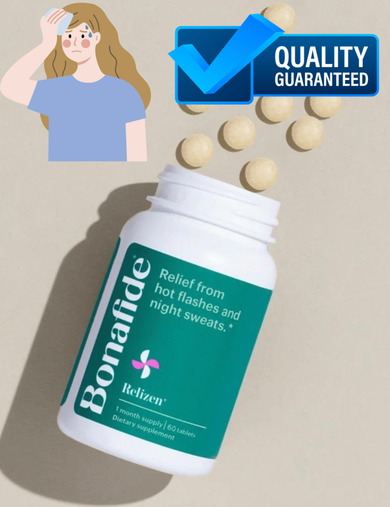 A bottle of Bonafide spilled over with pills out of it and a quality guaranteed graphic above it.