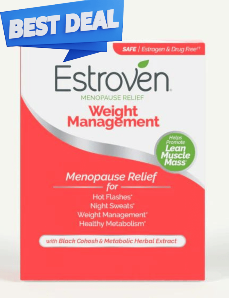 A box of Estroven for menopause releif and weight loss with a ribbon that says best deal.