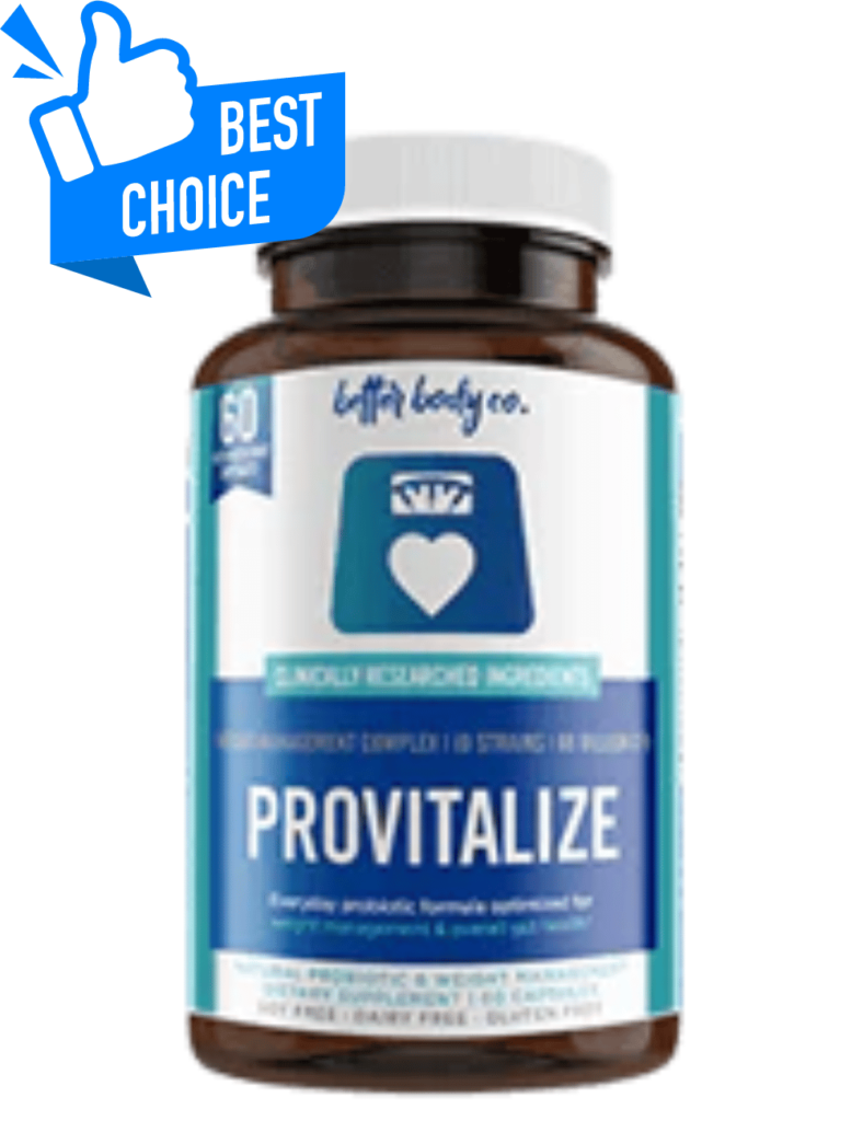 A bottle of Provitalize for menopause symptoms and a thumbs up that says best choice.