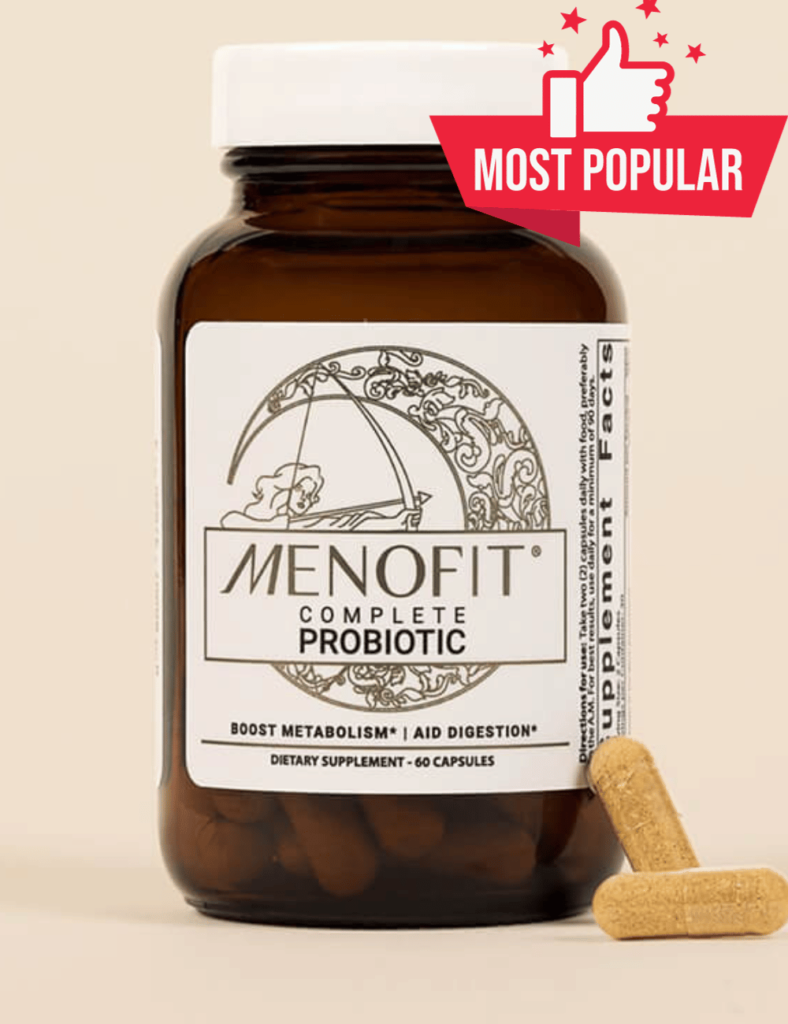 A bottle of Menofit with a red thumbs up with a banner that says most popular.