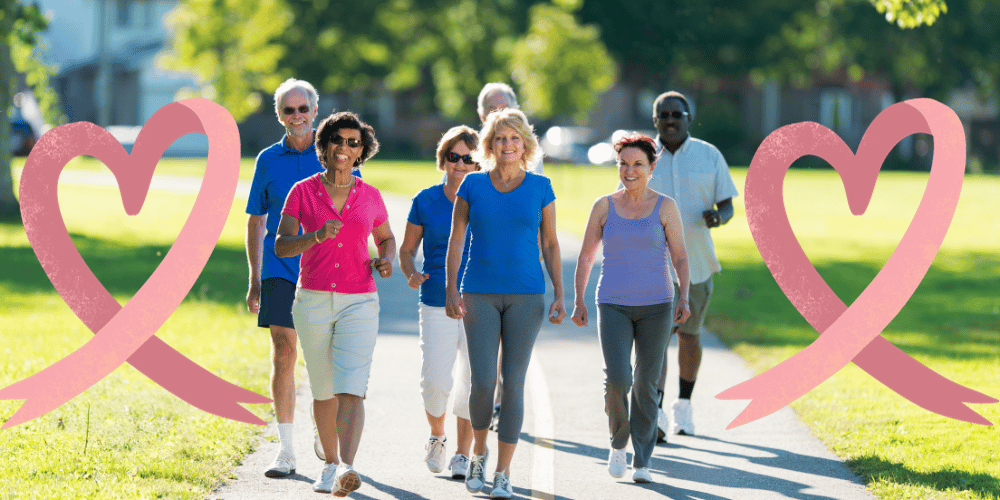 Older women walking together to help lose belly fat and manage their menopausal weight gain. There are also two heart shaped ribbons on each side of the group.